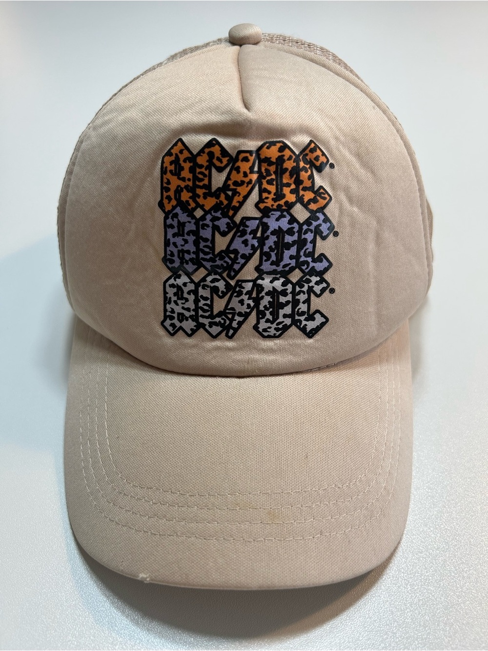 AC/DC Stacked Band Logo Tan Trucker Hat Cream Leopard Print Snapback Cap